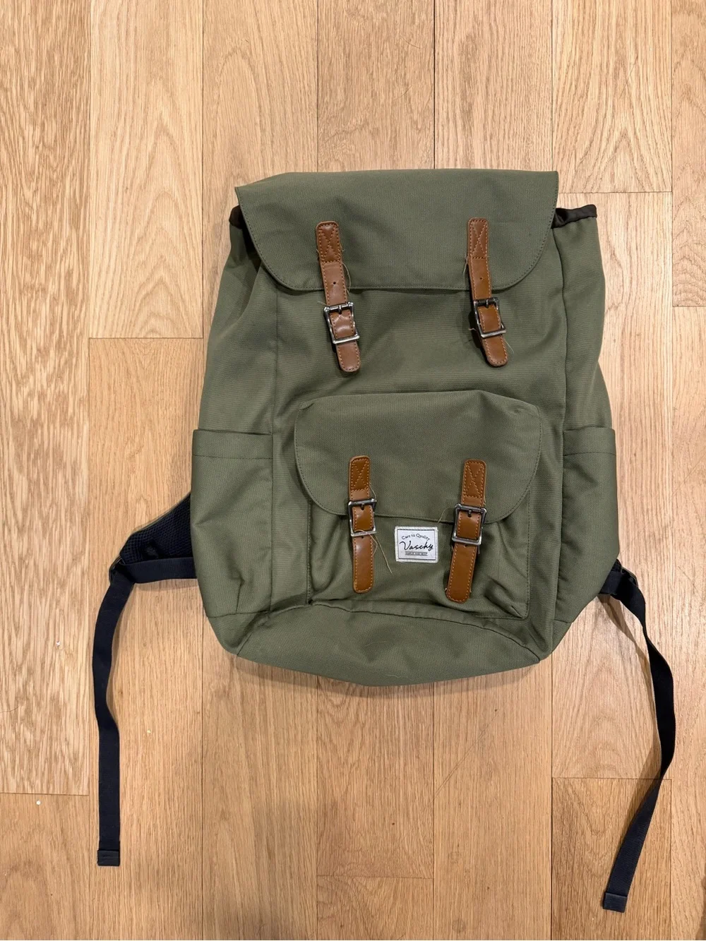 Olive Green Canvas Backpack with Brown Accents